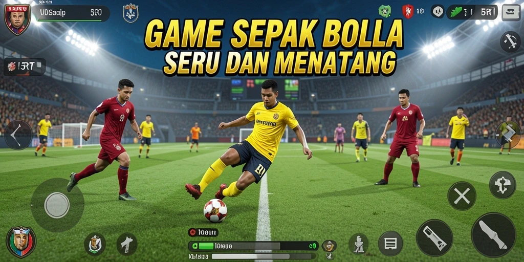 Screenshot utama 5RT menunjukkan aksi seru dalam pertandingan sepak bola.