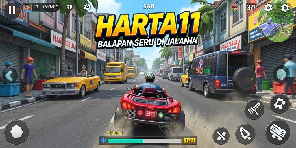 Tampilan gameplay HARTA11 saat balapan di trek yang menantang.