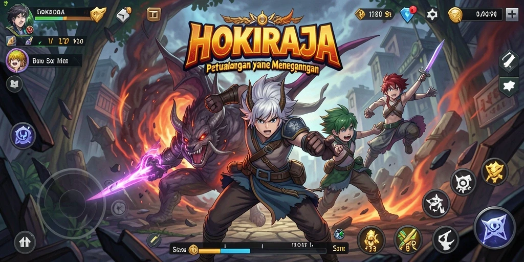 Tampilan gameplay HOKIRAJA dengan aksi seru karakter Anime.
