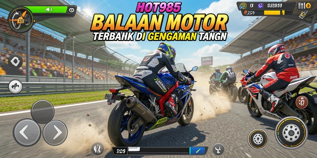 Tangkapan layar utama HOT985 menampilkan aksi balapan motor yang mendebarkan.