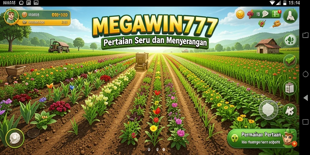 Screenshot gameplay MEGAWIN777 menunjukkan ladang subur dan aktivitas pertanian.