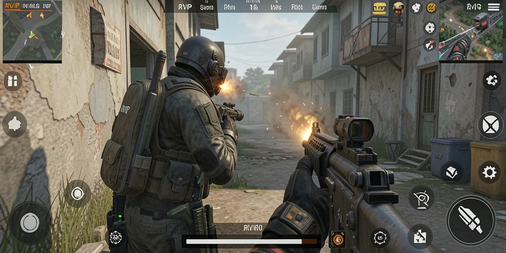 Tampilan gameplay seru dari game FPS RVIP dengan aksi menegangkan.