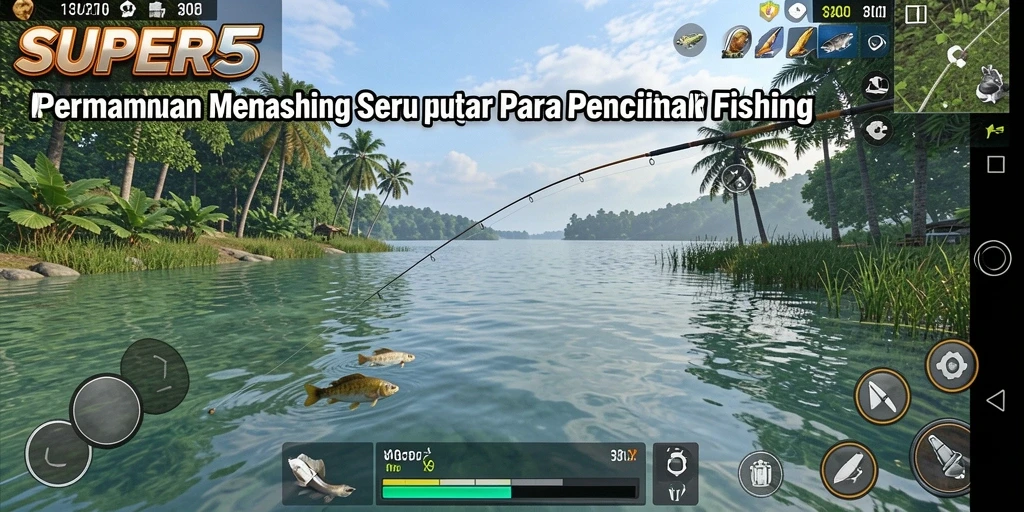 Screenshot gameplay SUPER5 menampilkan aksi memancing yang mendebarkan.